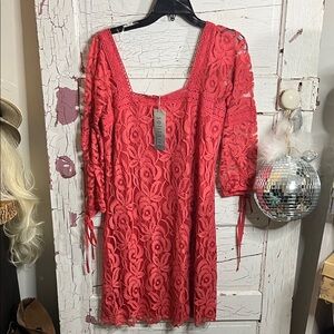 NWT SOLITAIRE BY Ravi Khosla Orangeish Red Lace Dress in Lg ➡️ 21”-22” ⬇️ 36”